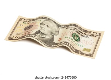 10 Dollar Bill In Wave Shape Isolated With Clipping Path