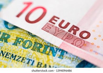 10 Euro Banknote On A 100 Forint Bank Note