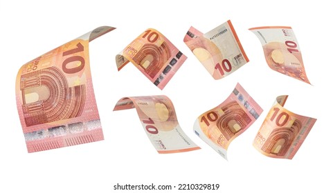 10 euro flying on white background. Euro Union banknotes at different angles. Front side