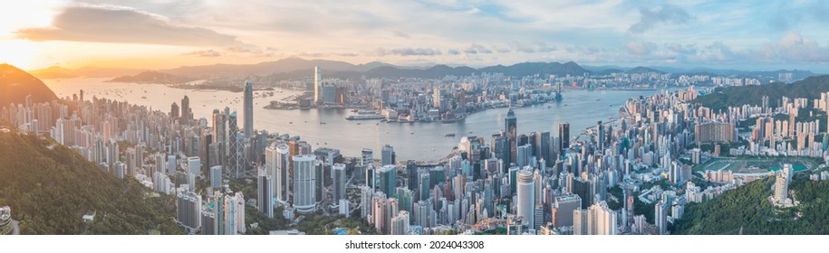 10 Jul 2021, Hong Kong: Epic Aerial View Of The Victoria Harbour In A Clear Sky Day, Drone View From The South Side, Across The Peak.