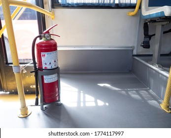 10 july 20, Bangkok, Thailand. fire extinguisher secured in bracket on bus.