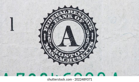 10. June 2021 Washington, USA: Federal Reserve Bank Of Boston, Massachusetts. Seal On One Dollar Banknote