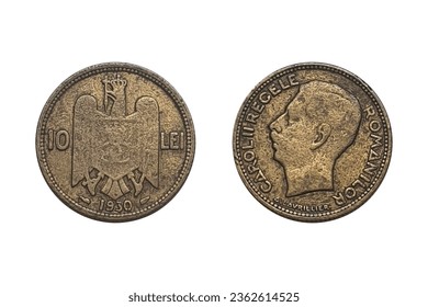 10 Lei 1930 year Carol II. Coin of Romania. Obverse Head left. Reverse Crowned eagle with crowned shield on chest divides value. Composition Nickel brass. Weight 5 g Diameter 23 mm - Shutterstock ID 2362614525