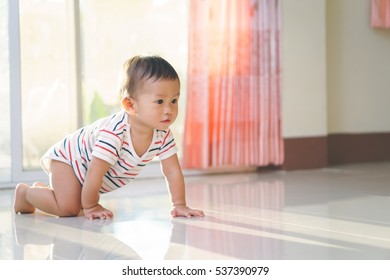 10 Months Adorable Asian Baby Development ,crawling On The Floor At Home