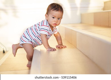 10 Months Adorable Asian Baby Development , Climbing Up Stairs At Home