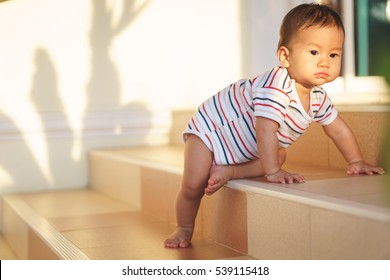 10 Months Adorable Asian Baby Development , Climbing Up Stairs At Home