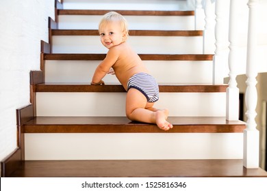 10 Months Adorable Blonde Baby Development , Climbing Up Stairs At Home.