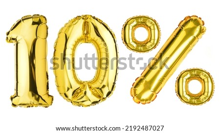 10 Ten Percent % Off balloons. Sale, Clearance, discount. Yellow Gold foil helium balloon. Word good for store, shop, shopping mall. English Alphabet Letters. Isolated white background.