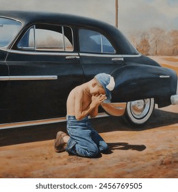 a 10 year old boy 1950 appropriate, no shoes or shirt, only blue jeans with cap and cutoffs only. kneeling on the dirt road, face down in hands, tears dripping on the dusty side of a 1949 black buick. 2 preachers in black suits standing by with heads