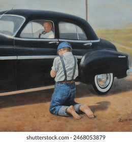 a 10 year old boy 1950 appropriate, no shoes or shirt, only blue jeans with cap and cutoffs only. kneeling on the dirt road, face down in hands, tears dripping on the dusty side of a 1949 black buick. 2 preachers in black suits standing by with heads