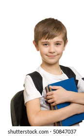 10 Years Old Boy With A Backpack Isolated On White Background