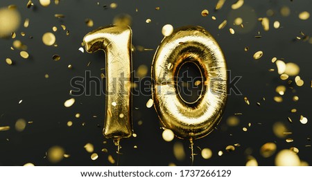 10 years old. Gold balloons number 10th anniversary, happy birthday congratulations, with falling confetti