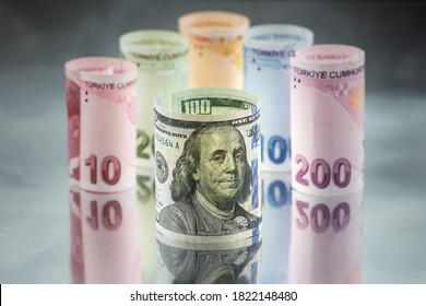 100 american dollars standing in front of Turkish money.
Reflection and macro shot
