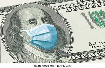 $ 100 Bills With Benjamin Franklin In A Medical Mask. Coronavirus Epidemics In The United States. Impact Of The Coronavirus Epidemic On The United States Economy. Impact Of The Coronavirus Epidemic On