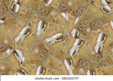 100 Canadian Dollars Bills Lies In Big Pile. Rich Life Conceptual Background. Big Amount Of Money