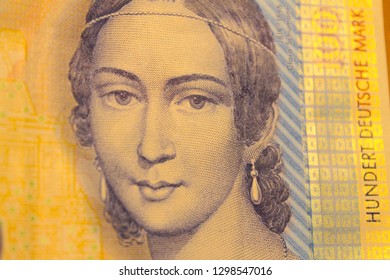 100 Deutsche Mark Banknote Close Up Clara Schumann, Germany 2019