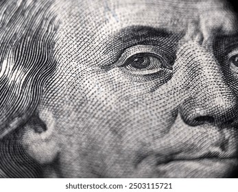 100 dollar bill with Benjamin Franklin face macro shot. Close up portrait of Benjamin Franklin on one hundred dollar bil