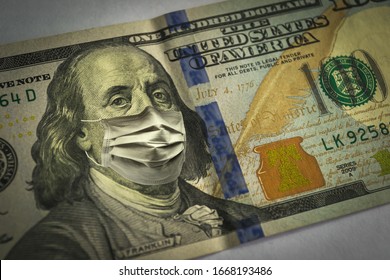 100 Dollar Bill. Medical Mask. Coronavirus Economic Crisis.