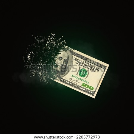 100 dollar bills scattered in the air. money inflation concept. the disappearance of banknotes, hyperinflation. financial crash, hundred dollar banknotes, high living costs.