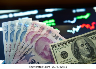  100 dollars 1000 Turkish liras. Detail macro shot. Financial crisis.