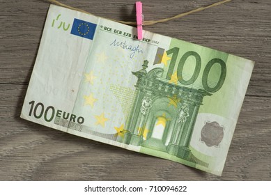 100 Euro Money Note On A Clothes Line