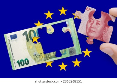 100 euro note isolated on a EU flag with 100 yuan. Europe Union and China economic war concept - Shutterstock ID 2365268151