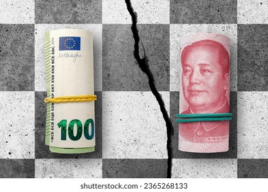 100 Euros and 100 yuan banknotes on cracked concrete chess desk. Yuan is the currency of the China. Yuan and Euro exchange rate. EU  and China trade war - Shutterstock ID 2365268133