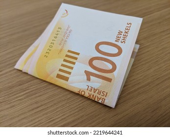 100 Israeli shekels bills banknotes. Finance. Jackpot, lottery. Money of Israel. Israeli new shekel bills. ILS banknotes. 100 shekels - Shutterstock ID 2219644241