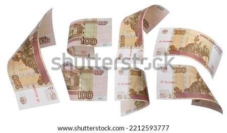 100 Rubles flying on white background. Russian banknotes at different angles.