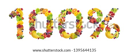 100% sign made from fruits and berries isolated on white background, 100% natural concept, one hundred percent, fresh and healthy food