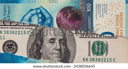 100 US dollar banknote  through torn 100 Swiss franc banknote for design purpose