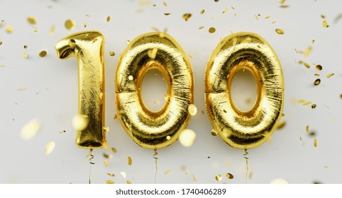 100 years old. Gold balloons number 100th anniversary, happy birthday congratulations, with falling confetti on white background