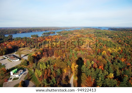 1000 Islands, Saint Lawrence Islands National Park viewd from Sky deck on Hill Island in Thousand Islands region in fall, on the border of Canada and USA