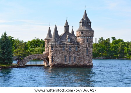 1000 Islands, Thousand Islands - June 19, 2016: Boldt Castle on Heart Island. Power house, New York State. Unfiltered, natural lighting. Tourist routs. St. Lawrence River, USA-Canada border.