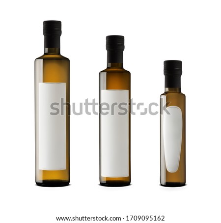 1000 ml, 750 ml and 250 ml olive oil elegant bottles with blank labels with copy space isolated on white background