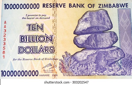 10000000000 (Ten Billion) Zimbabwe Dollars Bank Note. One Of Manny Currences In Zimbabwe