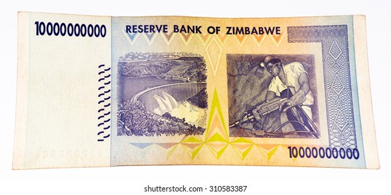 10000000000 (Ten Billion) Zimbabwe Dollars Bank Note. One Of Manny Currences In Zimbabwe