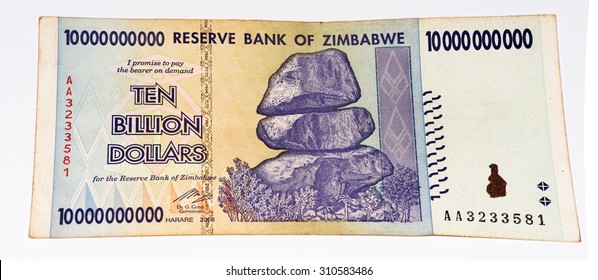 10000000000 (Ten Billion) Zimbabwe Dollars Bank Note. One Of Manny Currences In Zimbabwe