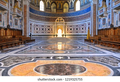 10.02.2018. Interior Of San Giovanni In Laterano Church In Rome With Golden Baroque Ornaments And Pope Throne In Background, Italy