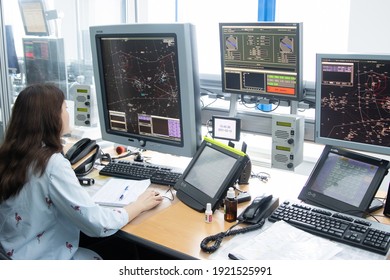 10-02-2021 KAZAN, RUSSIA, Kazan International Airport: Woman Sits In The Airport Control Room