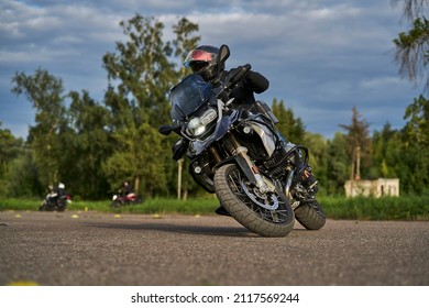 10-05-2020 Ropazi, Latvia Motorcyclist At Sport Bike Rides By Empty Asphalt Road. Sport Bike.