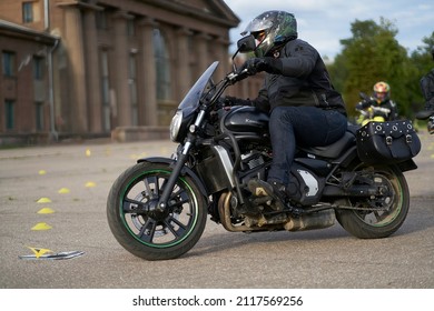 10-05-2020 Ropazi, Latvia Motorcyclist At Sport Bike Rides By Empty Asphalt Road. Sport Bike.