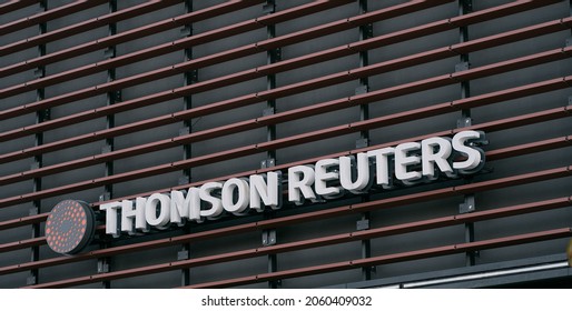 10.07.2021 Gdansk, Poland. Thomson Reuters on the office building. Thomson Reuters on the facade of one of their corporate office buildings located in Polish Gdansk headquarters