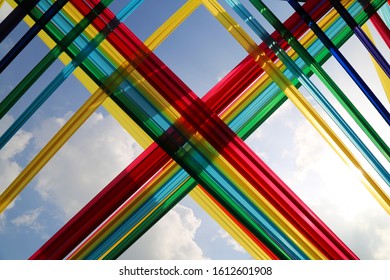 100th National Sports Competition, Seoul Sports Complex, Songpa-gu, Seoul, Korea - October 4, 2019: Colorful Fabrics Hanging On The Outer Wall Of The Stadium.