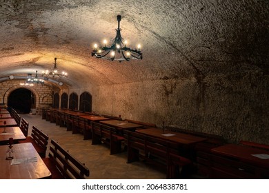 10.13.2021 - Eger, Hungary: wine cellar in Eger szepasszonyvolgy with tables and chairs .