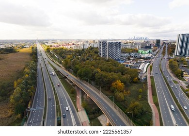 10.20.2022 Warsaw, Poland - Ostrobramska Street. Leaving The City Concept. Aerial View Of Many Roads To And From The Local Big City. Living In Suburbs Concept. Clouded Sky. High Quality Photo