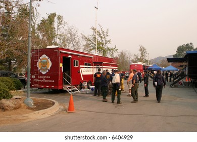 10-25-2007 Santiago Canyon Wild Fires Staging Area With Fire Trucks, Police, And Everyone Involved Series