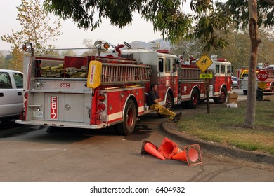 10-25-2007 Santiago Canyon Wild Fires Staging Area With Fire Trucks, Police, And Everyone Involved Series