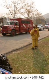 10-25-2007 Santiago Canyon Wild Fires Staging Area With Fire Trucks, Police, And Everyone Involved Series