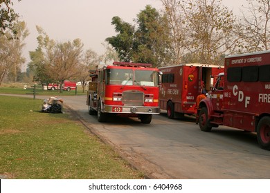 10-25-2007 Santiago Canyon Wild Fires Staging Area With Fire Trucks, Police, And Everyone Involved Series